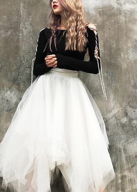 Organic White High Waist Asymmetrical Design Summer Tulle Skirt