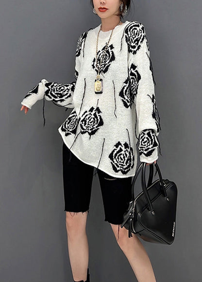 Organic White O-neck Print Knit Sweater Fall