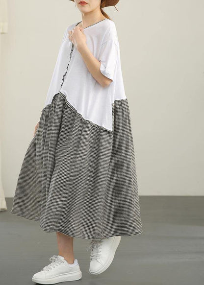 Organic White Patchwork Plaid Cotton Linen Holiday Dress Summer