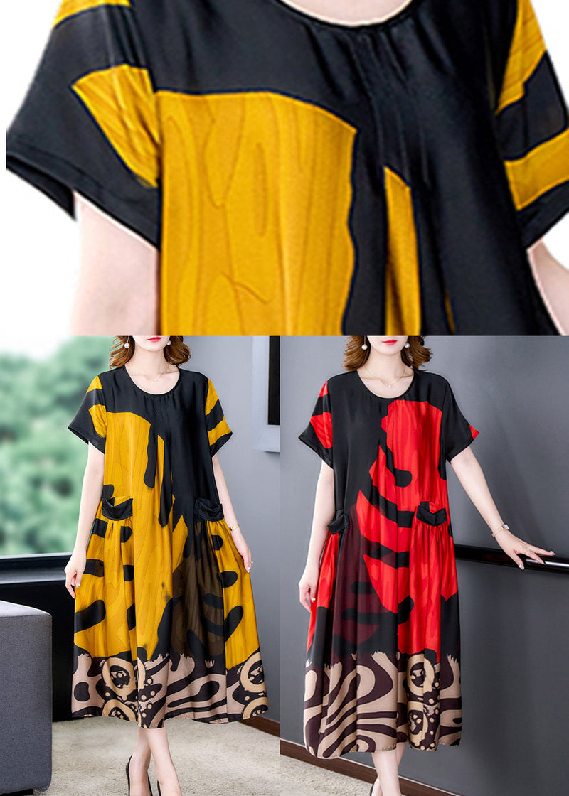 Organic Yellow O-neck Print Silk Long Dresses Summer