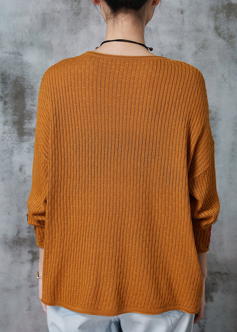 Organic Yellow Oversized Patchwork Applique Knit Tops Spring