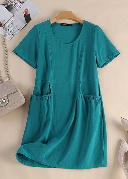 Organic Yellow Patchwork Pockets Long Dress Short Sleeve