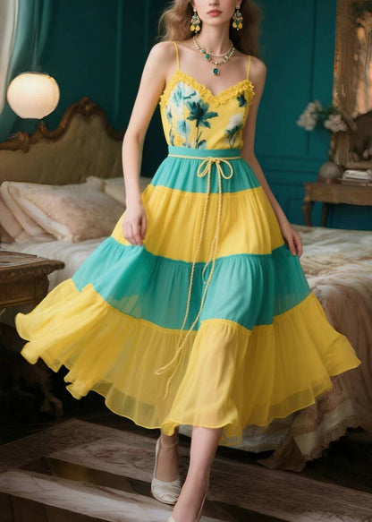 Organic Yellow Ruffled Patchwork Chiffon Spaghetti Strap Dress Summer