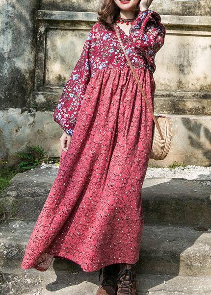 Organic Red Print Cotton Long Shirts O Neck Lantern Sleeve Baggy Summer Dress