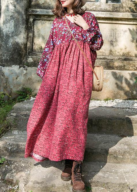 Organic Red Print Cotton Long Shirts O Neck Lantern Sleeve Baggy Summer Dress