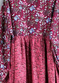 Organic Red Print Cotton Long Shirts O Neck Lantern Sleeve Baggy Summer Dress