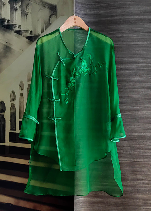 Organza Green O-neck Embroideried Low High Design Silk Mid Dress Long Sleeve