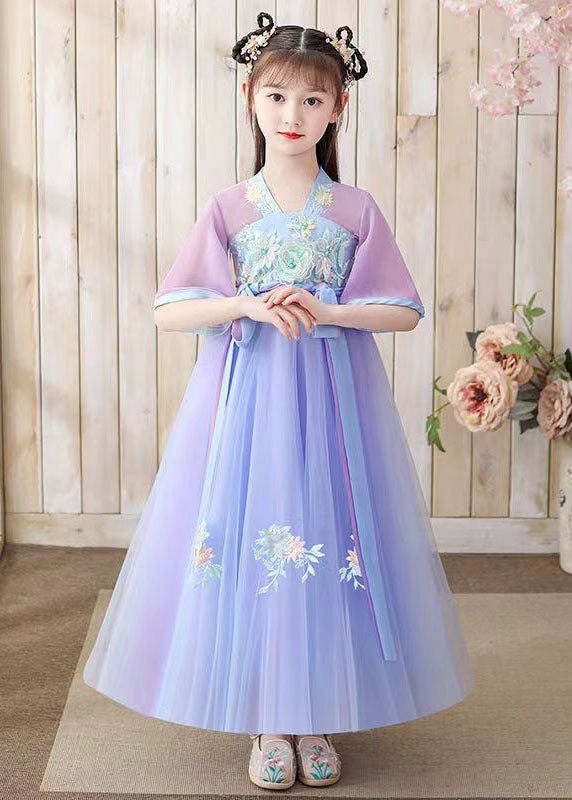 Oriental Purple Embroideried Tie Waist Patchwork Chiffon Kids Dresses Summer