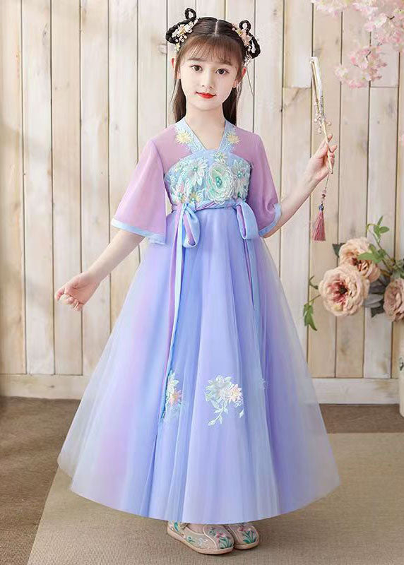 Oriental Purple Embroideried Tie Waist Patchwork Chiffon Kids Dresses Summer