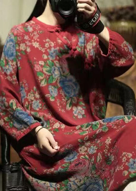 Oriental Red O-neck Print Linen Mid Dresses Spring