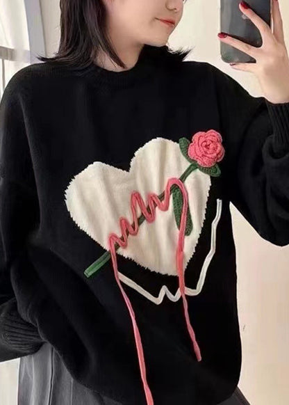 Original Black O Neck Heart Knit Knitted Sweaters Fall