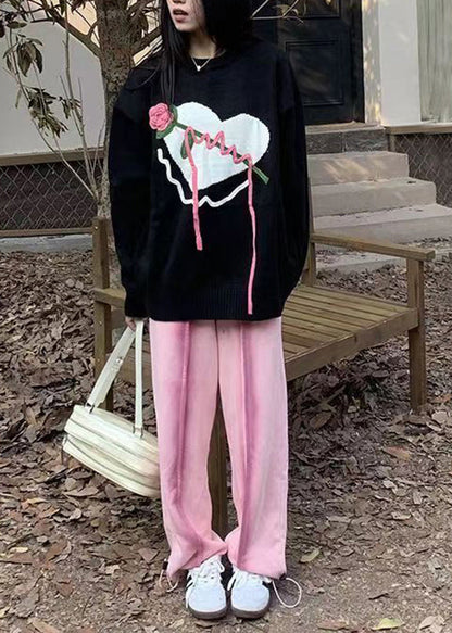 Original Black O Neck Heart Knit Knitted Sweaters Fall