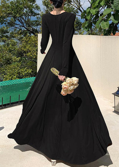 Original Black O-neck Patchwork Knit Cotton Holiday Long Dress Winter