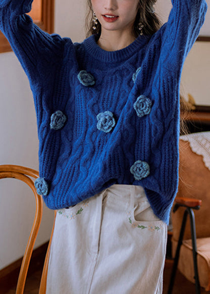 Original Blue O Neck Cozy Knit Sweater Winter