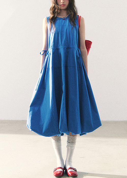 Original Blue O-neck Tie Waist Cotton Long Dress Sleeveless