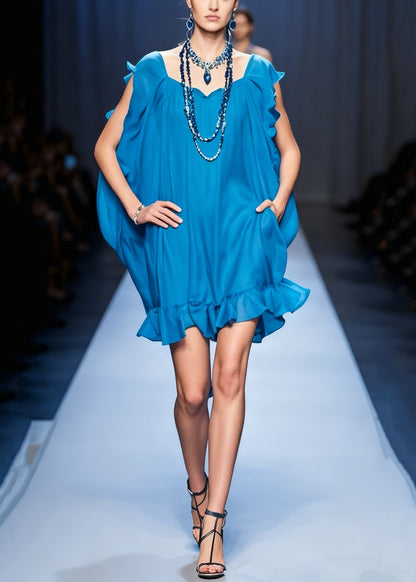 Original Blue Ruffled Pockets Chiffon Mid Dress Summer