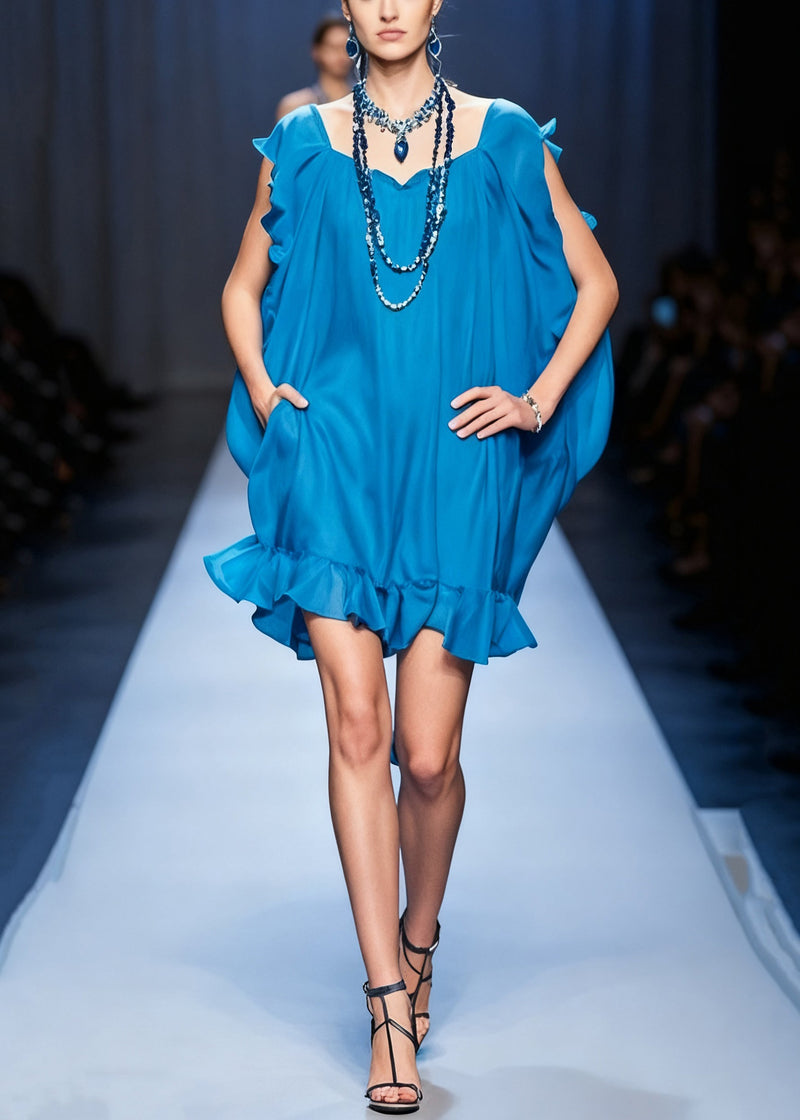 Original Blue Ruffled Pockets Chiffon Mid Dress Summer