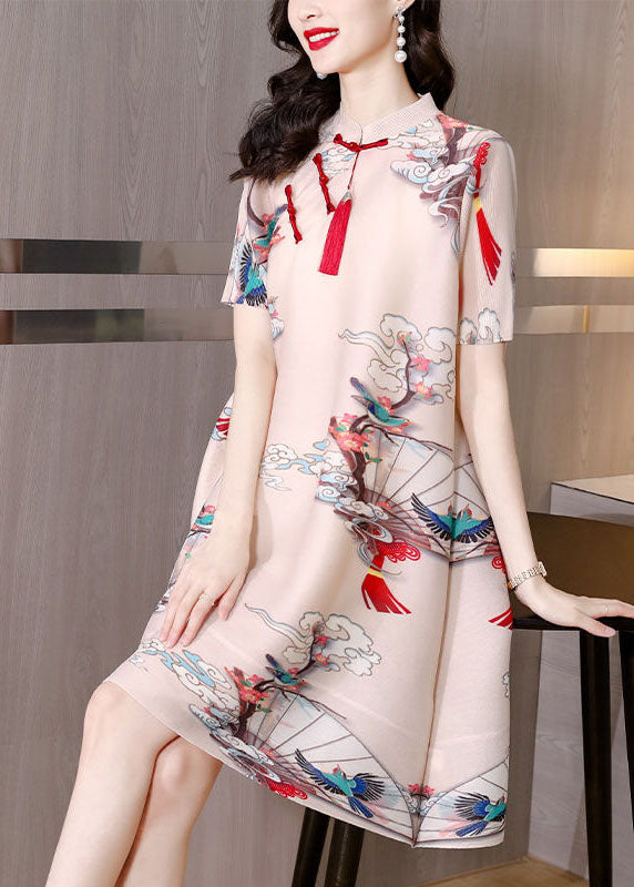 Original Design Apricot Mandarin Collar Print Oriental Button Wrinkled Silk a Line Dresses Short Sleeve