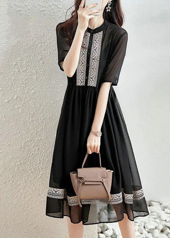 Original Design Black O-neck Patchwork Chiffon Dress Summer
