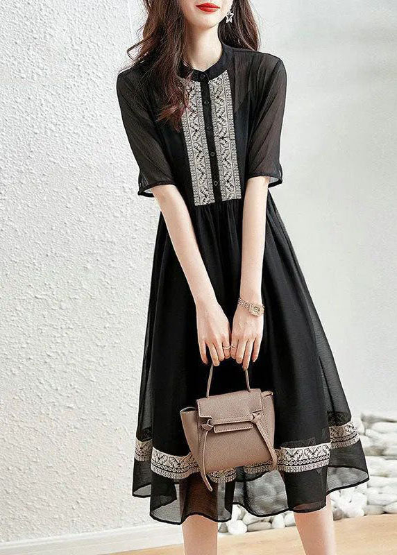 Original Design Black O-neck Patchwork Chiffon Dress Summer