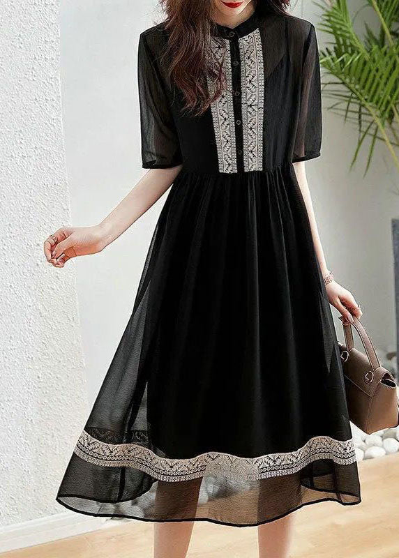Original Design Black O-neck Patchwork Chiffon Dress Summer