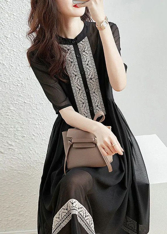 Original Design Black O-neck Patchwork Chiffon Dress Summer