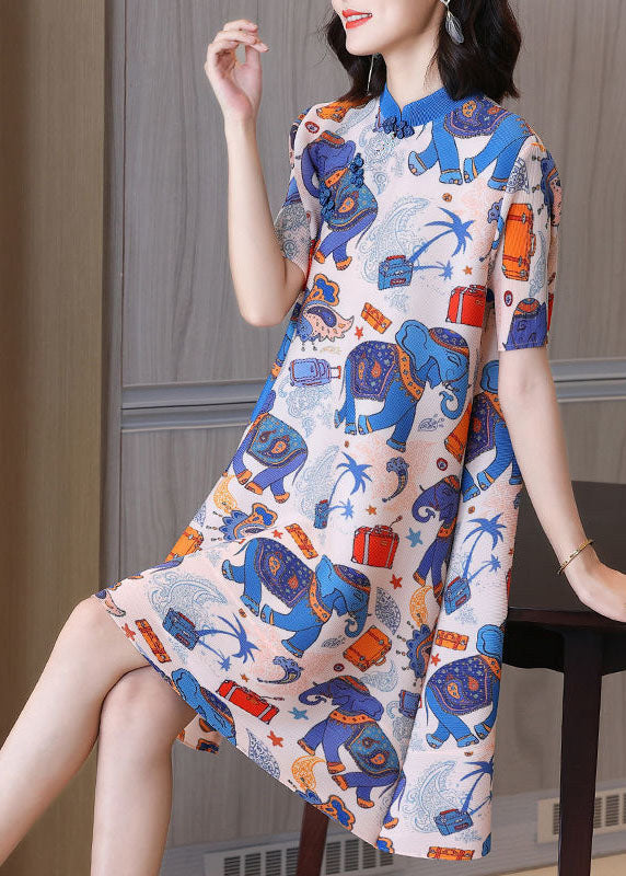 Original Design Blue Animal Print Stand Collar Oriental Button Silk a Line Dress Short Sleeve