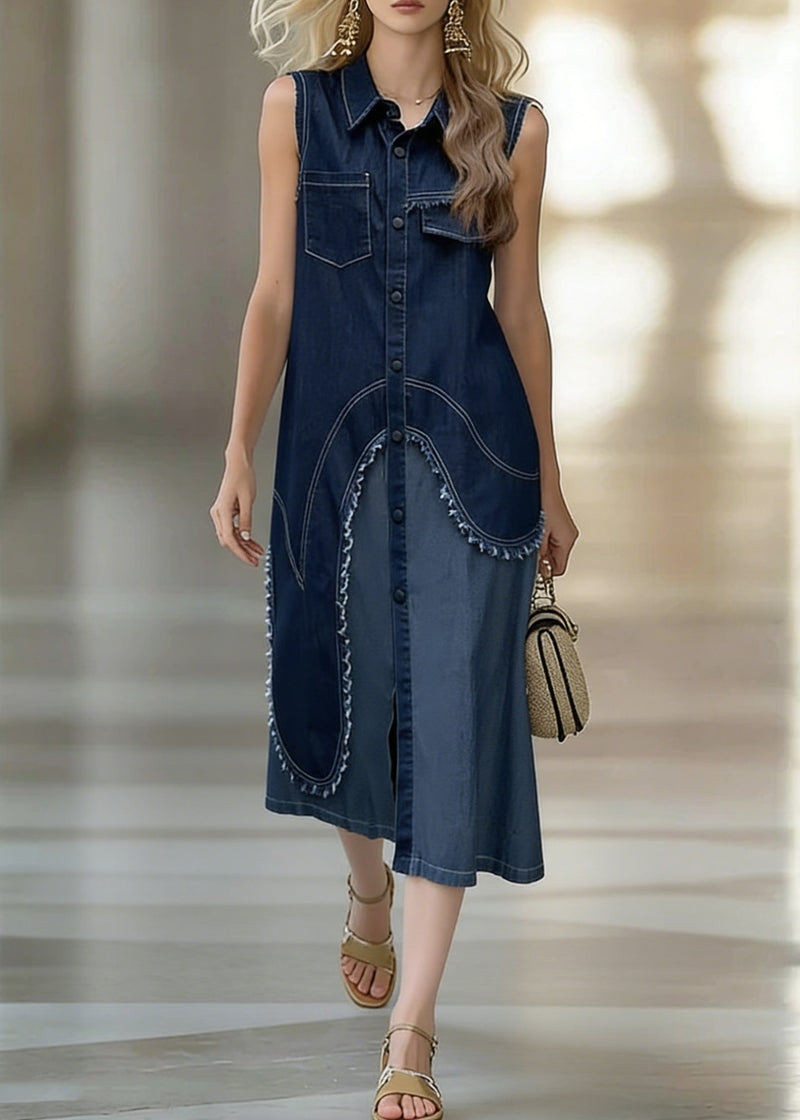 Original Design Blue Asymmetrical Patchwork Shirts Dress Sleeveless