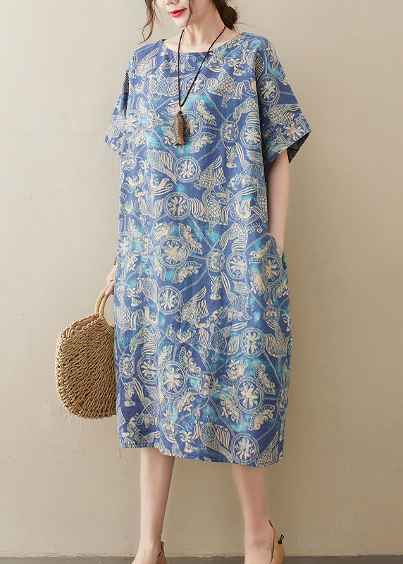 Original Design Blue O-neck Print Cotton Loose Dress Short Sleeve