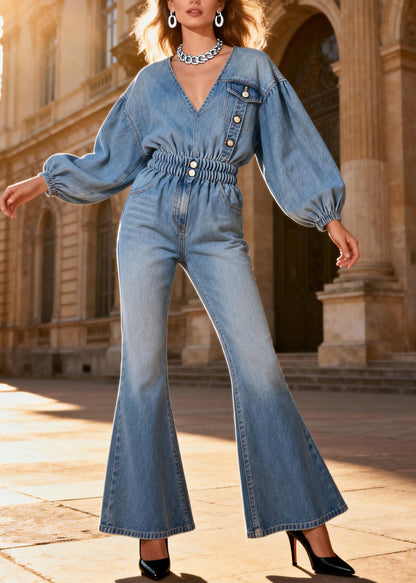 Original Design Blue V Neck Patchwork Denim Jumpsuit Spring