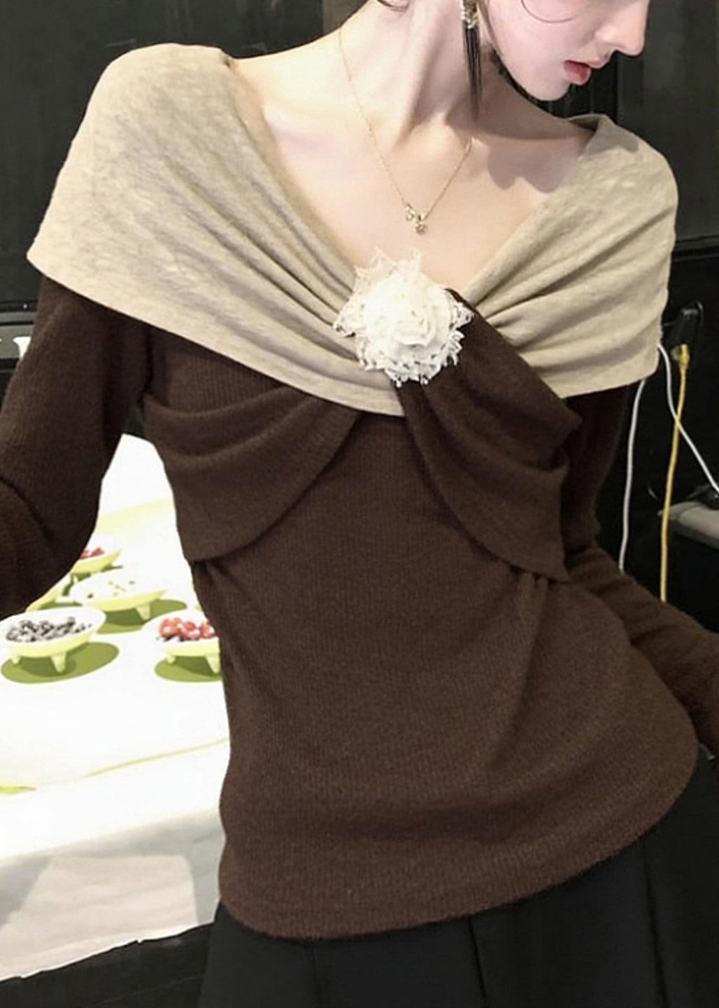 Original Design Brown Patchwork Knit Sweaters Spring