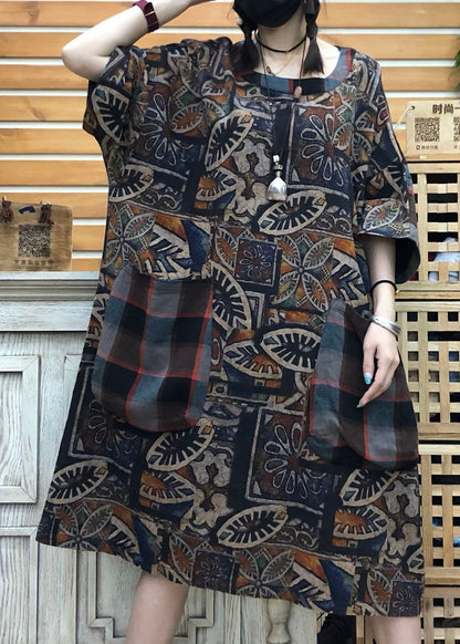 Original Design Chocolate O-neck Print Patchwork Pockets Linen Dress Half Sleeve