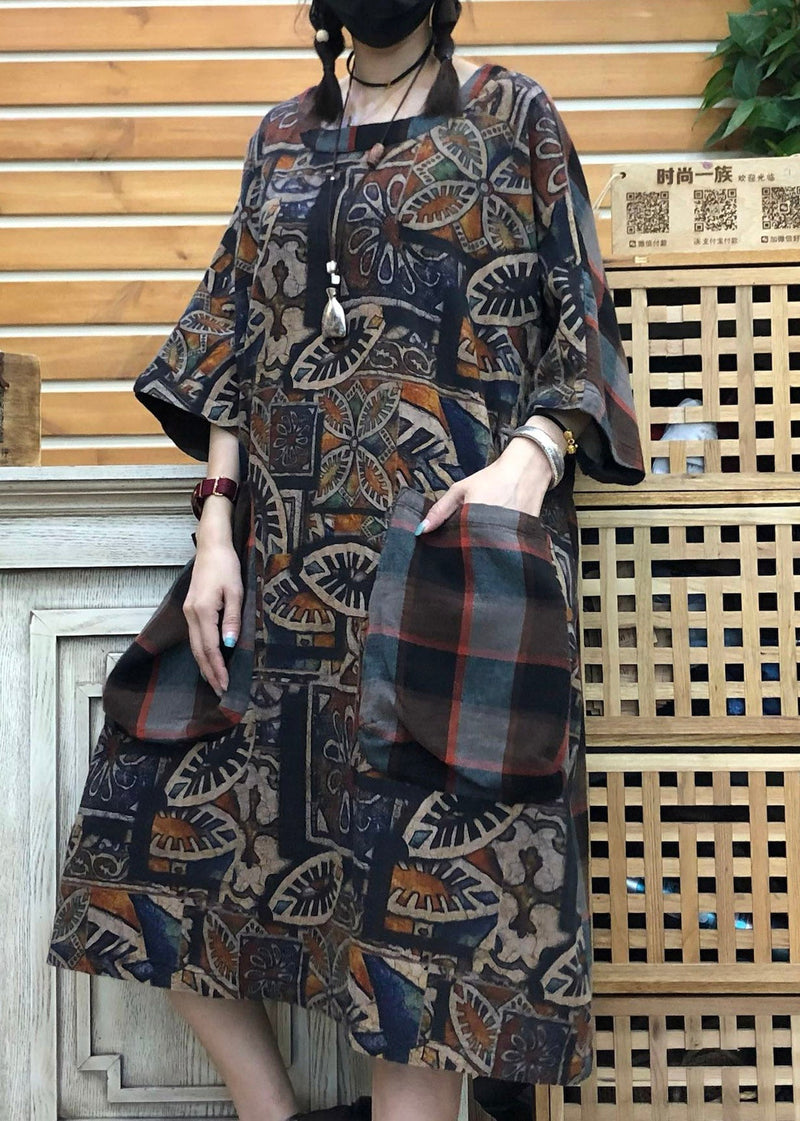 Original Design Chocolate O-neck Print Patchwork Pockets Linen Dress Half Sleeve