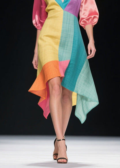 Original Design Colorblock Asymmetrical Patchwork Linen Silk Dress Summer
