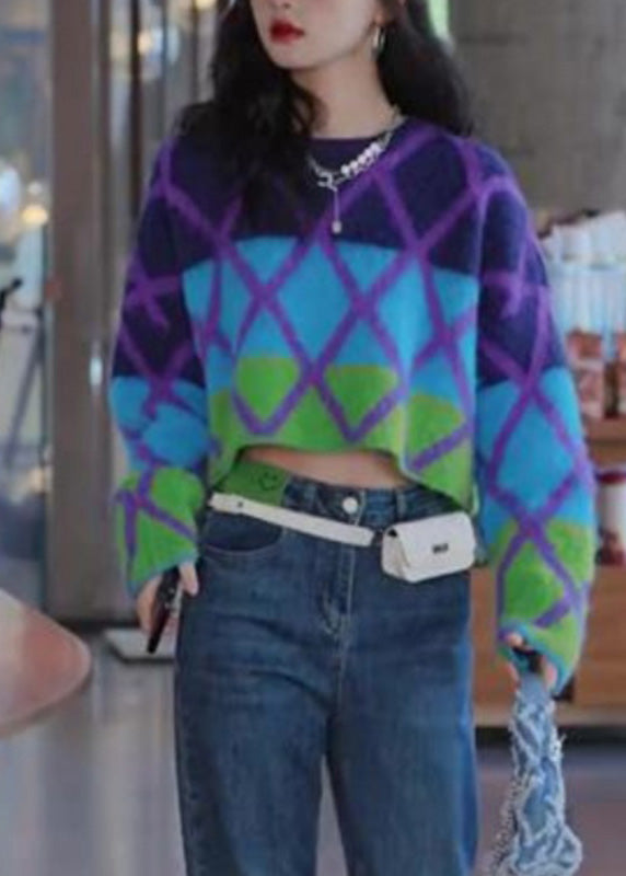 Original Design Colorblock O-neck Striped Cotton Knit Sweater Tops Winter