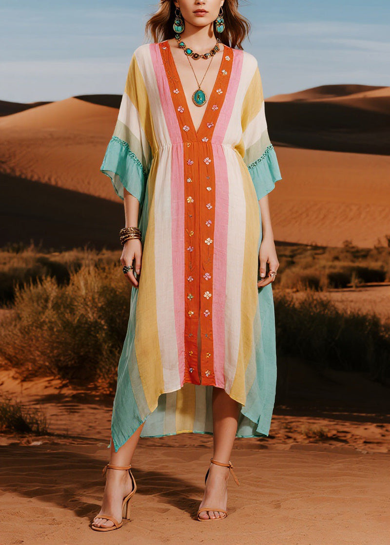 Original Design Colorblock V Neck Cotton Dresses Summer