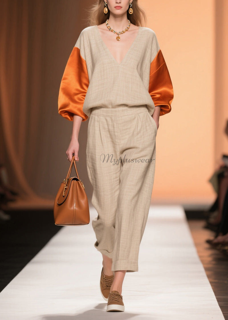 Original Design Colorblock V Neck Patchwork Linen Silk Two Piece Set Spring