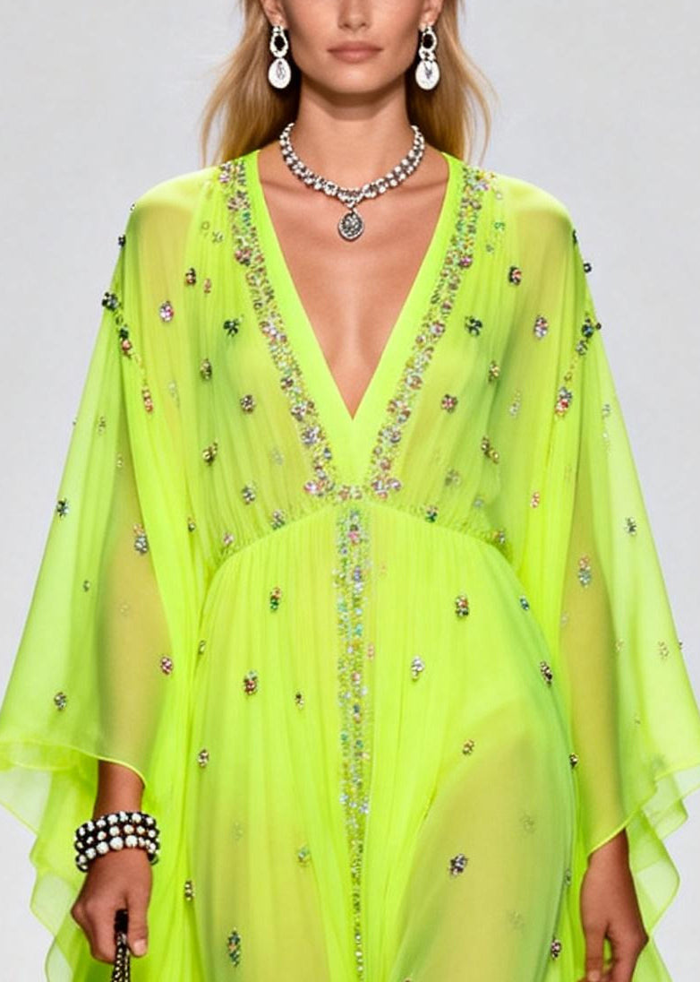 Original Design Fluorescent Green Rhinestone Exra Large Hem Chiffon Party Dresses Summer