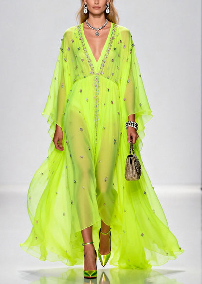 Original Design Fluorescent Green Rhinestone Exra Large Hem Chiffon Party Dresses Summer