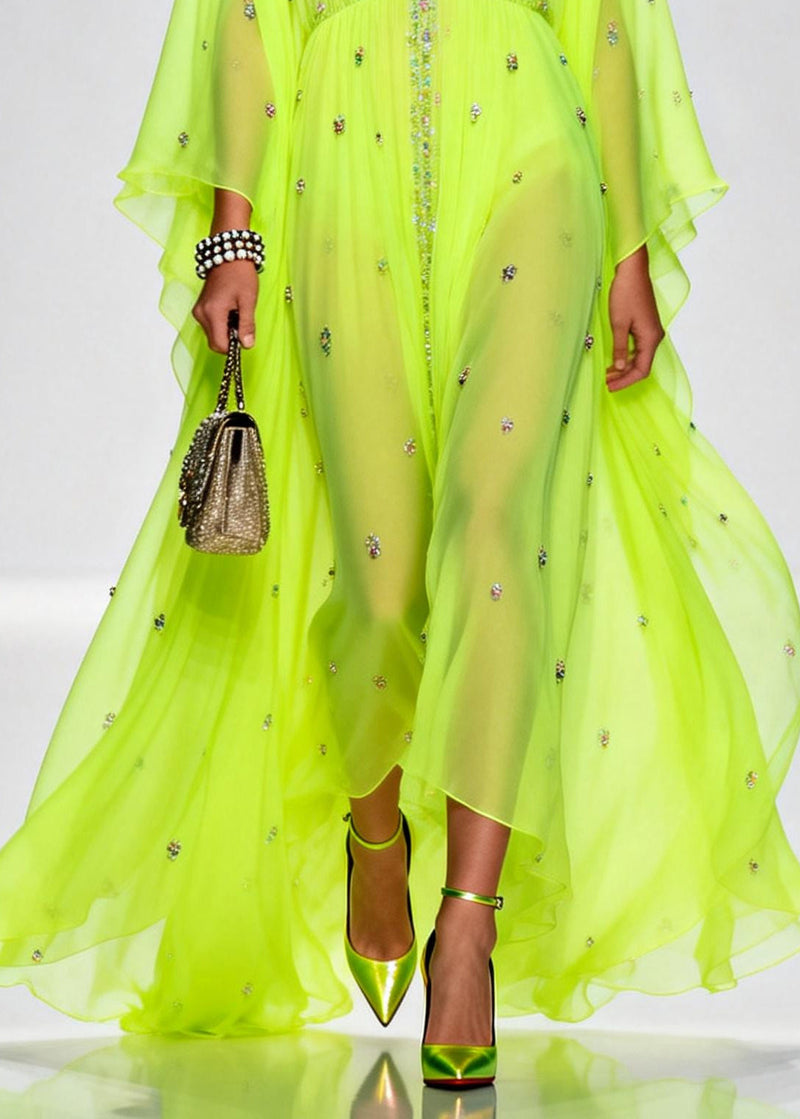 Original Design Fluorescent Green Rhinestone Exra Large Hem Chiffon Party Dresses Summer
