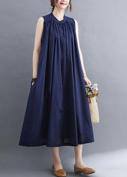 Original Design Navy O-neck Button Cotton Maxi Dress Sleeveless