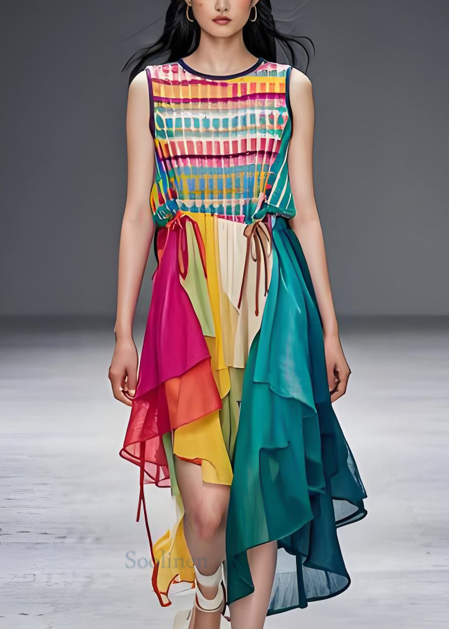 Original Design O Neck Asymmetrical Tulle Patchwork Cotton Dresses Sleeveless