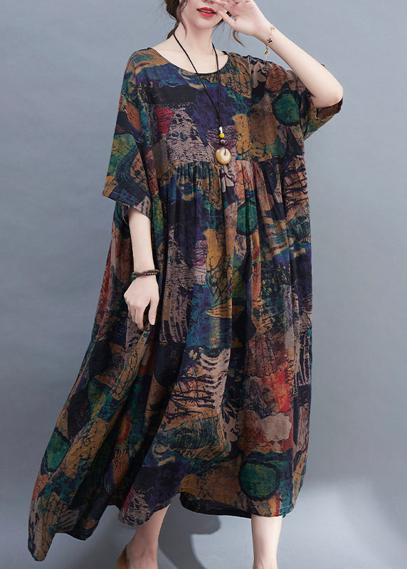 Original Design O-neck Wrinkled Print Loose Long Dress Short Sleeve