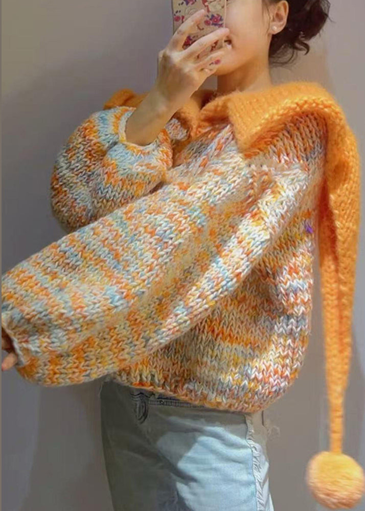 Original Design Orange Knit Short Sweater Spring