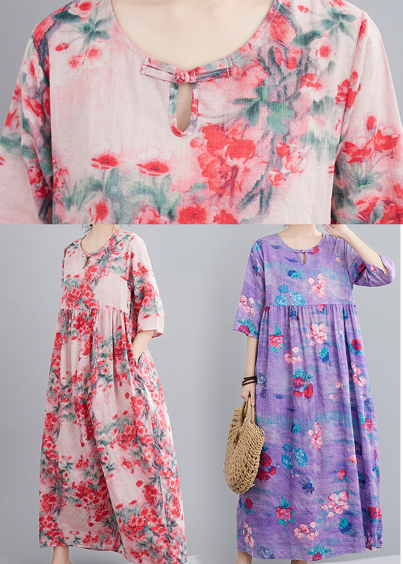 Original Design Red O-neck Print Linen Loose Dress Half Sleeve