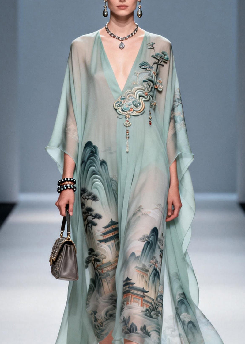 Original Design V Neck Print Chiffon Maxi Dress Summer