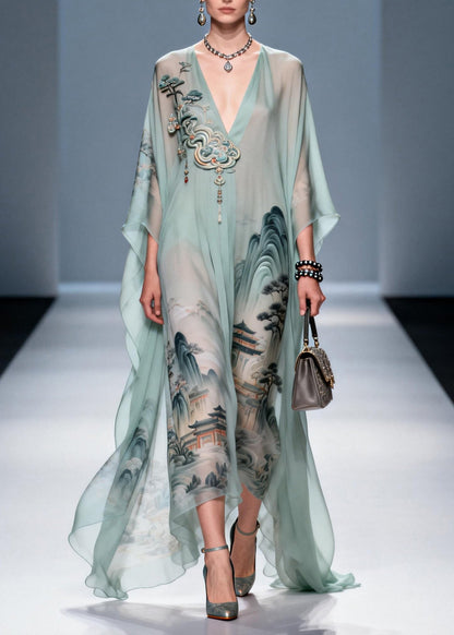 Original Design V Neck Print Chiffon Maxi Dress Summer