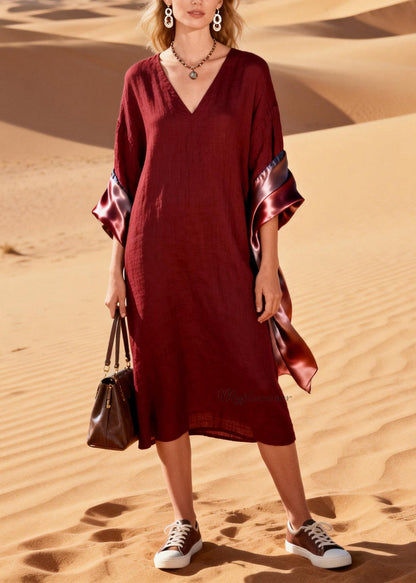 Original Design V Neck Silk Patchwork Linen Dress Summer