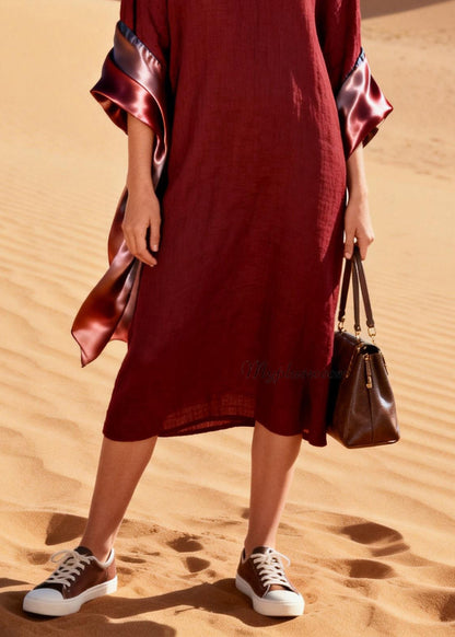 Original Design V Neck Silk Patchwork Linen Dress Summer