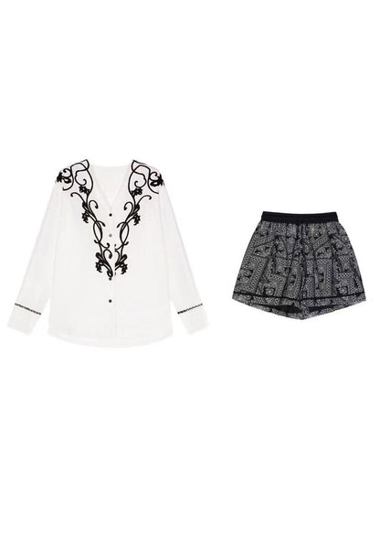 Original Design White V Neck Print Shirt and Shorts Two Pieces Set Spring